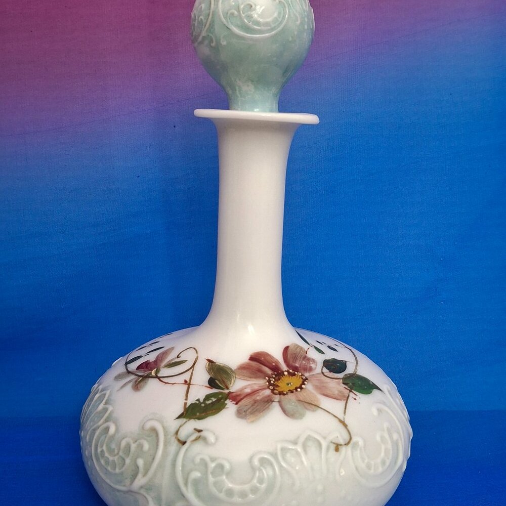 Antique Victorian Hand-Painted Milk Glass Barber Perfume Bottle